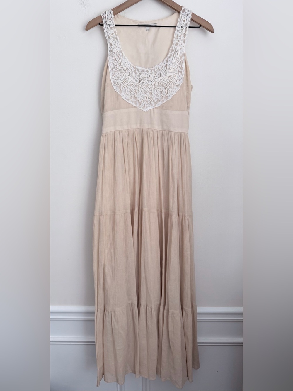 Wendy Katlen Anthropologie Embroidered Lace Cream Maxi Tiered dress 8
